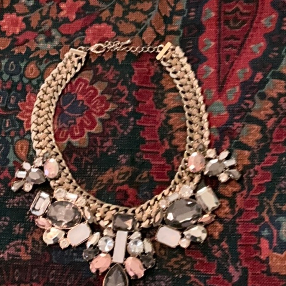 Gold  toned Statement Necklace with Pink and Gray Gems